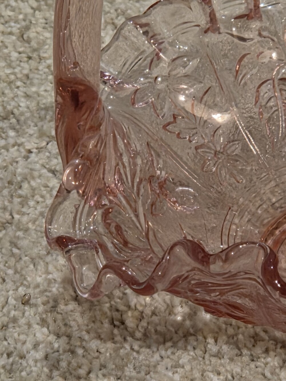 Fenton Dusty Rose Inverted Pink Glass Ruffled Basket with Handle - Picture 4 of 10